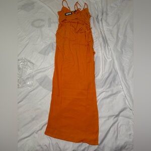 Pretty Little Thing linen shirred bust cut out ruched strapping maxi dress sz10